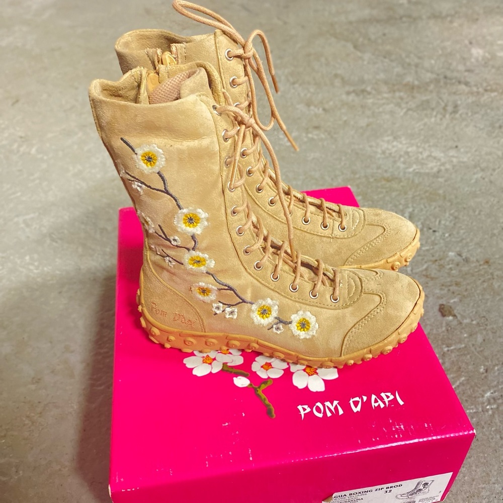 Pom D'Api Kids Beige Floral Lace-Up Boots
